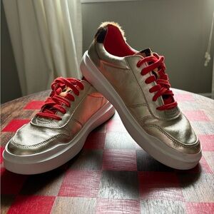 Cole Haan Gold Sneakers with Leopard and Hot Pink Laces